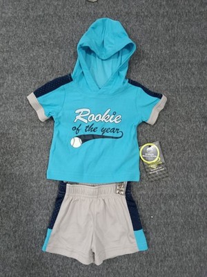Athletic Works Toddler Blue Short Sleeve Hoodie + Gray Shorts 0-3 months