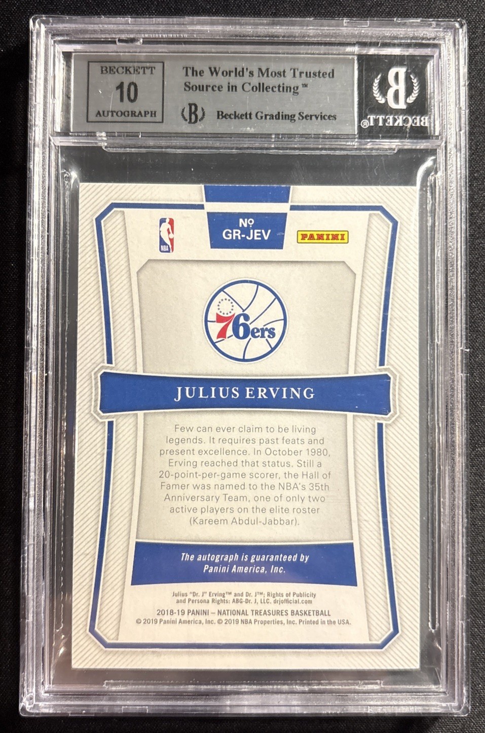2018-19 National Treasures Julius Erving NBA Greats AUTO PLATINUM #1/1 BGS 9 HOF view 3