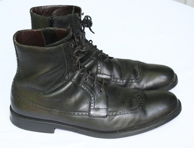 a. testoni Basic Black Lace-up Side Zip Brogue Wingtip Leather Boots - Sz 13