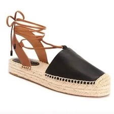 Sandalias Coach Rita Alpargata Talla 6M Cuero Negro Tostado Zapatos Planos con Cordones Nuevos