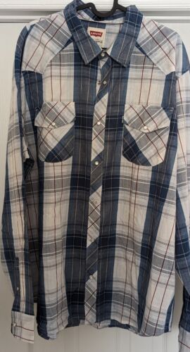 Levi's Shirt Adult Large Blue & White Plaid Regular Fit Snap Button Up - Picture 2 of 6