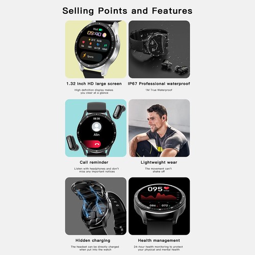 Smart Watch with Earbuds Men Smartwatch 2 In 1 Wireless Headset For Android iOS - Zdjęcie 8 z 22
