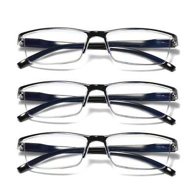 3 Pair Mens Rectangular Blue Light Blocking Reading Glasses Spring Hinge Readers