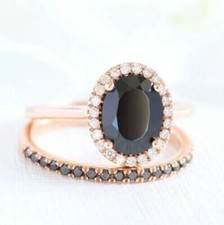 2ct Oval Lab Created Black Onyx Halo Bridal Set Wedding Women's Ring 925 Silver