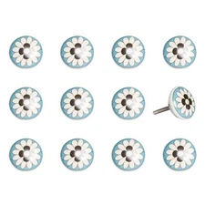 Set Of Twelve White And Sky Blue Floral Ceramic Knobs