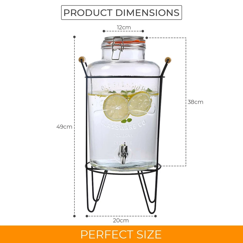 8L Glass Vintage Beverage Drinks Dispenser on Metal Stand Cocktail Jar with Tap - Image 2 of 4