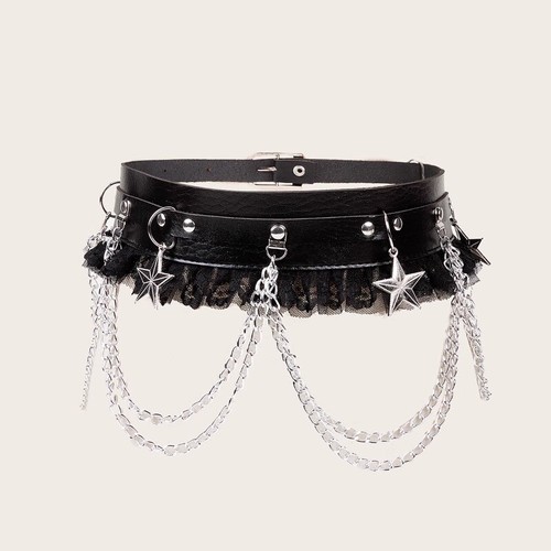 Damen Spitze Kunstleder Taille Gürtel Bund Kette Gothic Punk Star Schwarz DE- - Bild 2 von 9