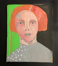 Original Portrait Painting Woman Naive Orange Green Gouache Artwork Miz Katie