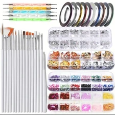 34pc Nail Art Kit 15pc Nail Brush 5pc Dotting Tool 10pc Nail Foil 4pc Sequin