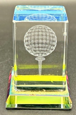 3D Laser Etched Crystal Glass Paperweight Gold Ball Tee 2" Tallx1.5"Wide PB90