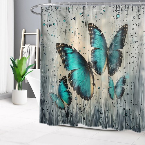 Nature Teal Leaf and Vintage Butterfly Shower Curtain Bathroom Accessories Set - Picture 17 of 22