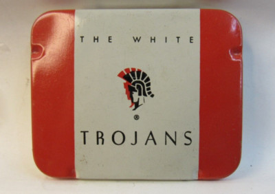 VINTAGE  THE WHITE TROJANS CONDOM TIN YOUNGS RUBBER CORP. N.J. & N.Y.*