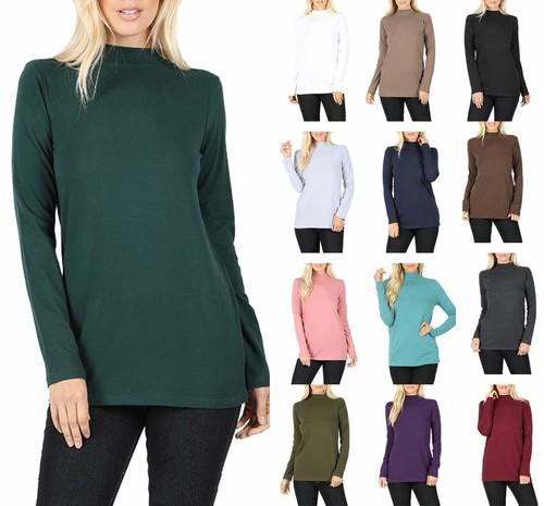 Womens Cotton Long Sleeve Mock Neck Turtleneck Top Shirt - Afbeelding 1 van 61