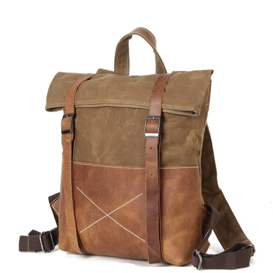 Mochila duradera de lona encerada con cuero Foto 2 de 4