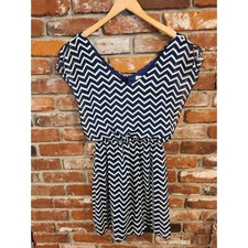 Speckless Blue Grey Zig Zag Pattern Elastic Waist Midi Blouson Dress Size M