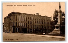 DELPHI, IN Postcard-  MONUMENT AND BUSINESS BLOCK IND