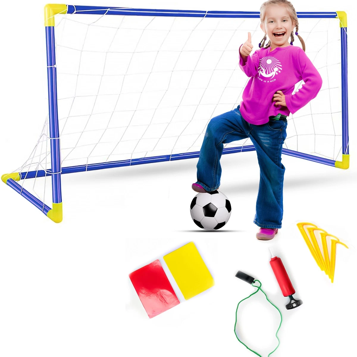 INDOOR OUTDOOR KIDS CHILD FOOTBALL SOCCER GOAL POST NET BALL PUMP WHISTLE  TOY