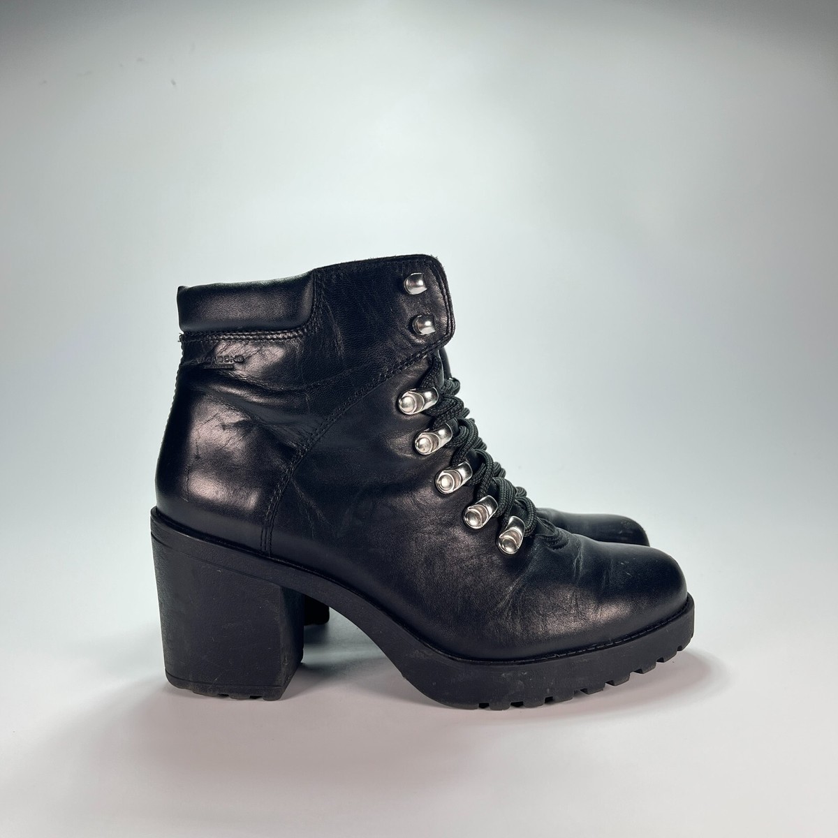 Vagabond Black Leather Lace-Up Block Heel Combat Ankle Boots Shoes