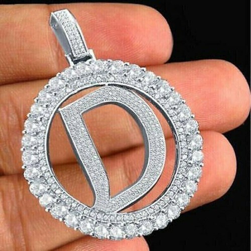 Round 2Ct Real Moissanite Initial Letter "D" Pendant 14K White Gold Plated - Picture 4 of 5