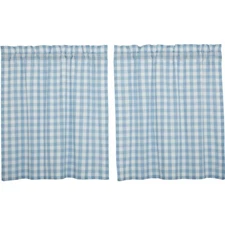 New French Country Cottage WHITE BLUE CHECK CAFE TIERS Curtains 36"