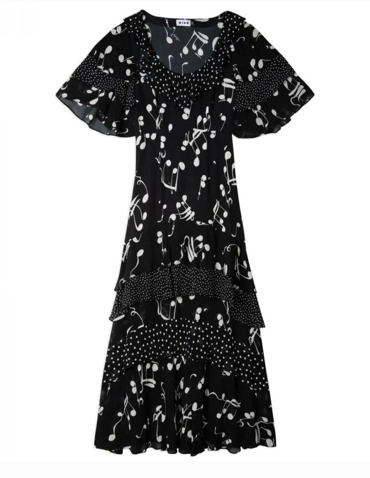 BNWT RIXO Black Frill Silk Midi Dress Size UK 12 eBay