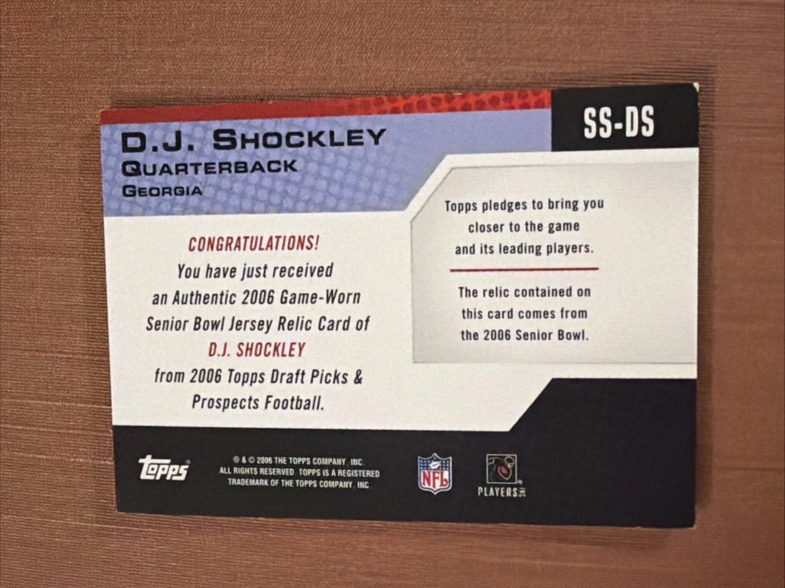 DJ Shockley 2006 Topps Draft Picks  Card #SS-DS Rookie Game Used Jersey view 2