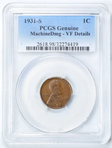 1931-S 1C Lincoln Wheat Cent VF Detail Machine Damage PCGS 32274419
