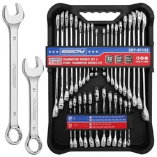32 Piece Combination Wrench Set Standard & Stubby 72 Teeth CR-V Metric & SAE