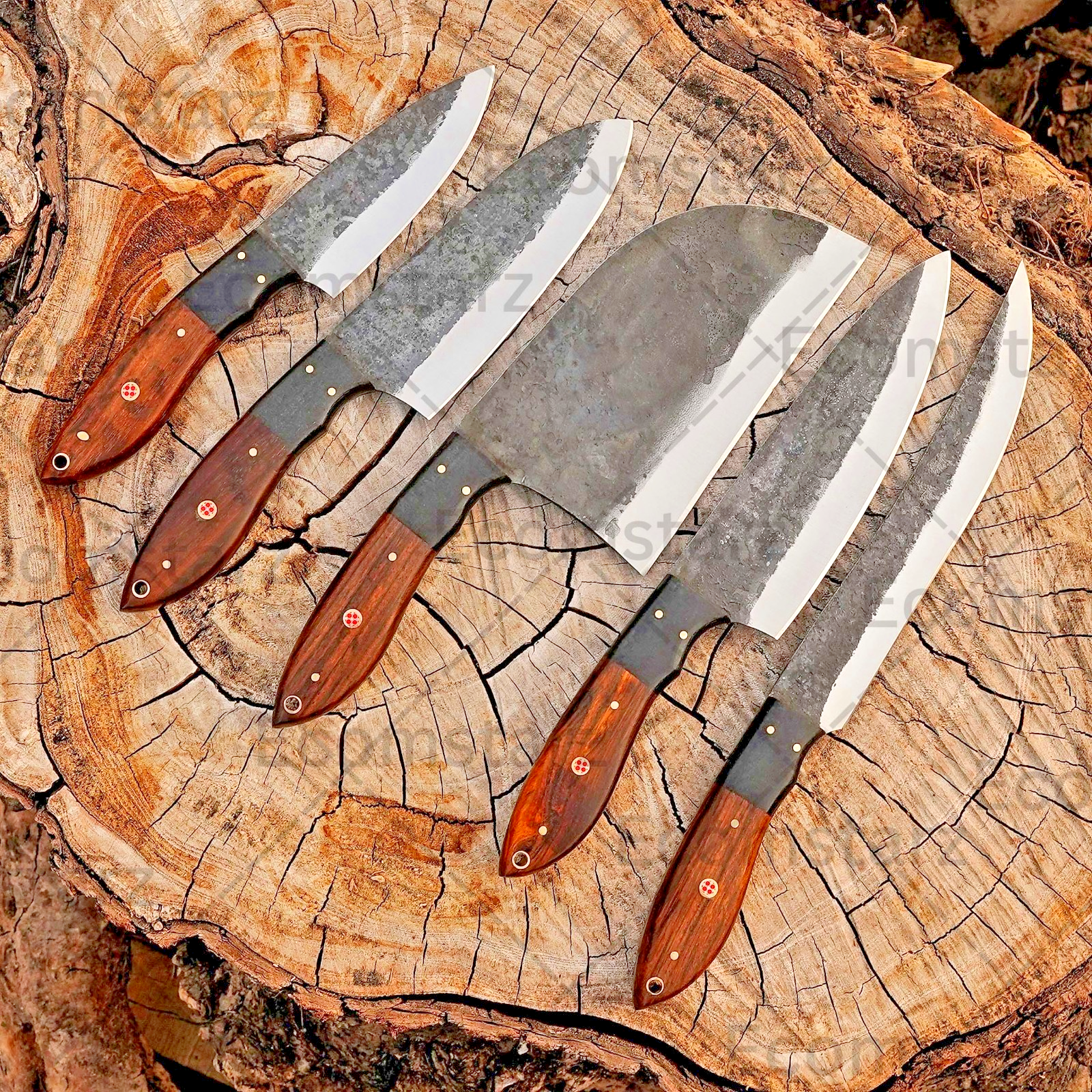 5pc Damascus Chef Knife Set Rosewood Leather Roll