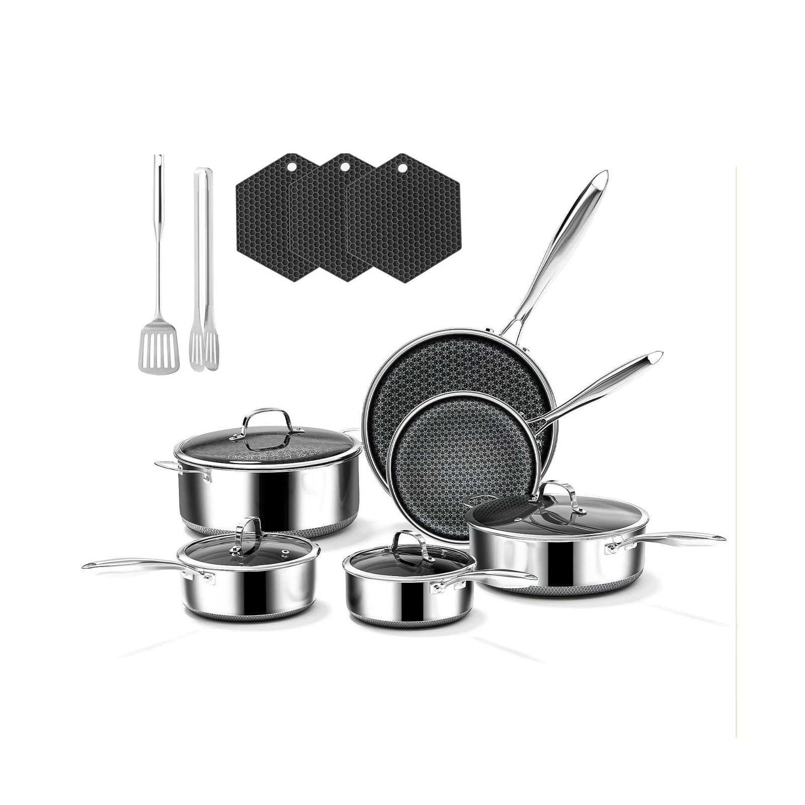 15-Piece 5 Ply Stainless Steel Cookware Set with Lids, Pots and Pans Set Non ...
