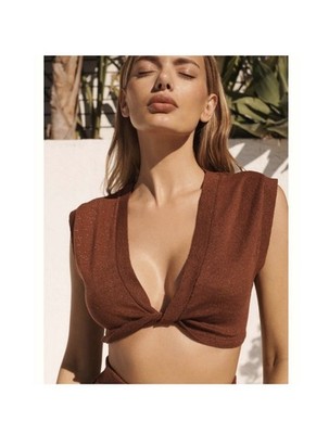 NWT Anthropologie Metallic Twist Front Open Crop Top in Cedar Women's Size XS