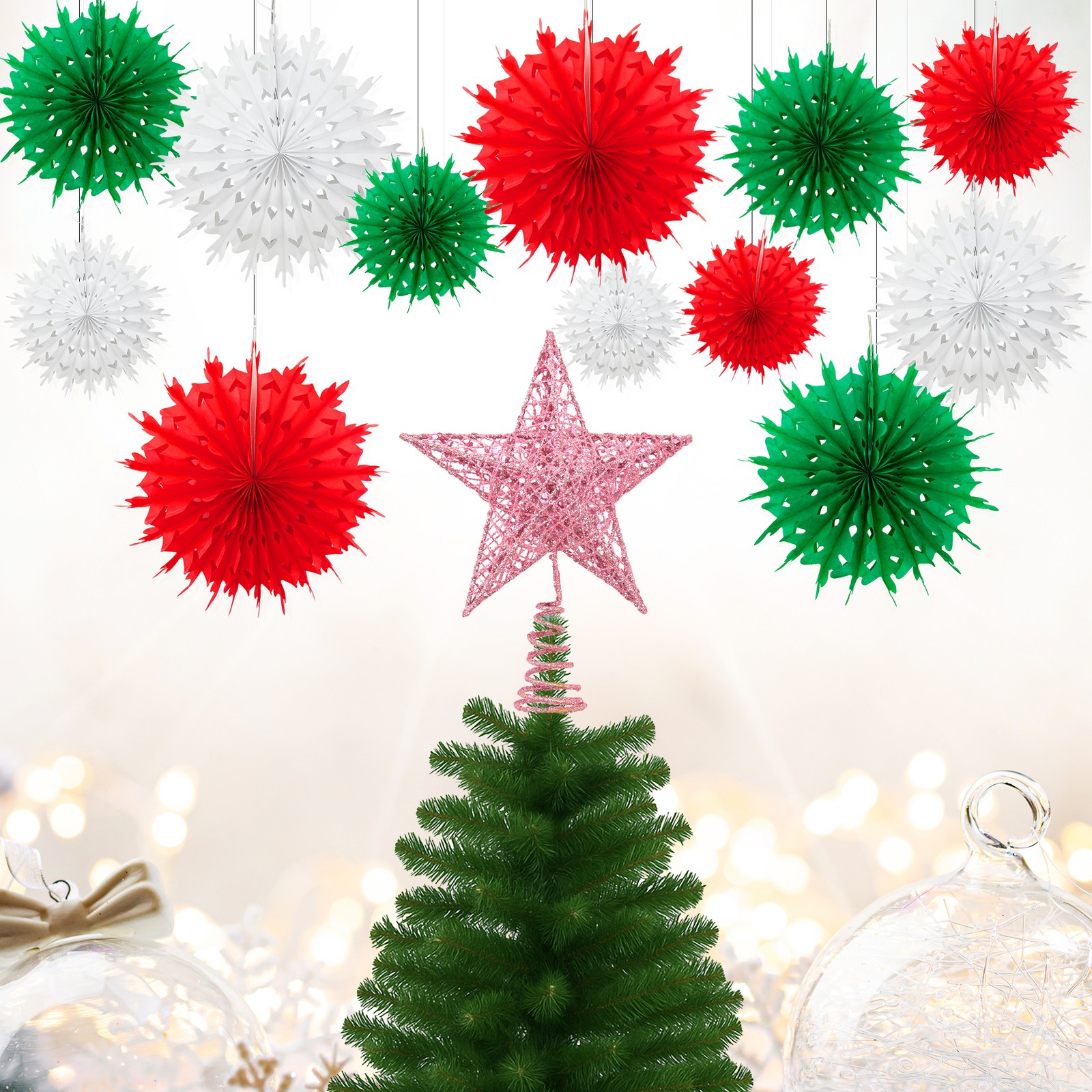 Time to Sparkle Christmas Glitter Sequins Tree Topper & 12Mix Tissue Fans Flower
