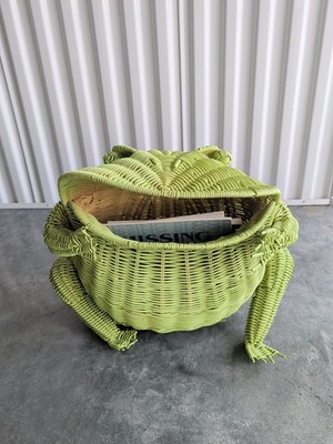 Vintage MCM FROG Basket Bin Large WICKER Rattan BOHO Toad 