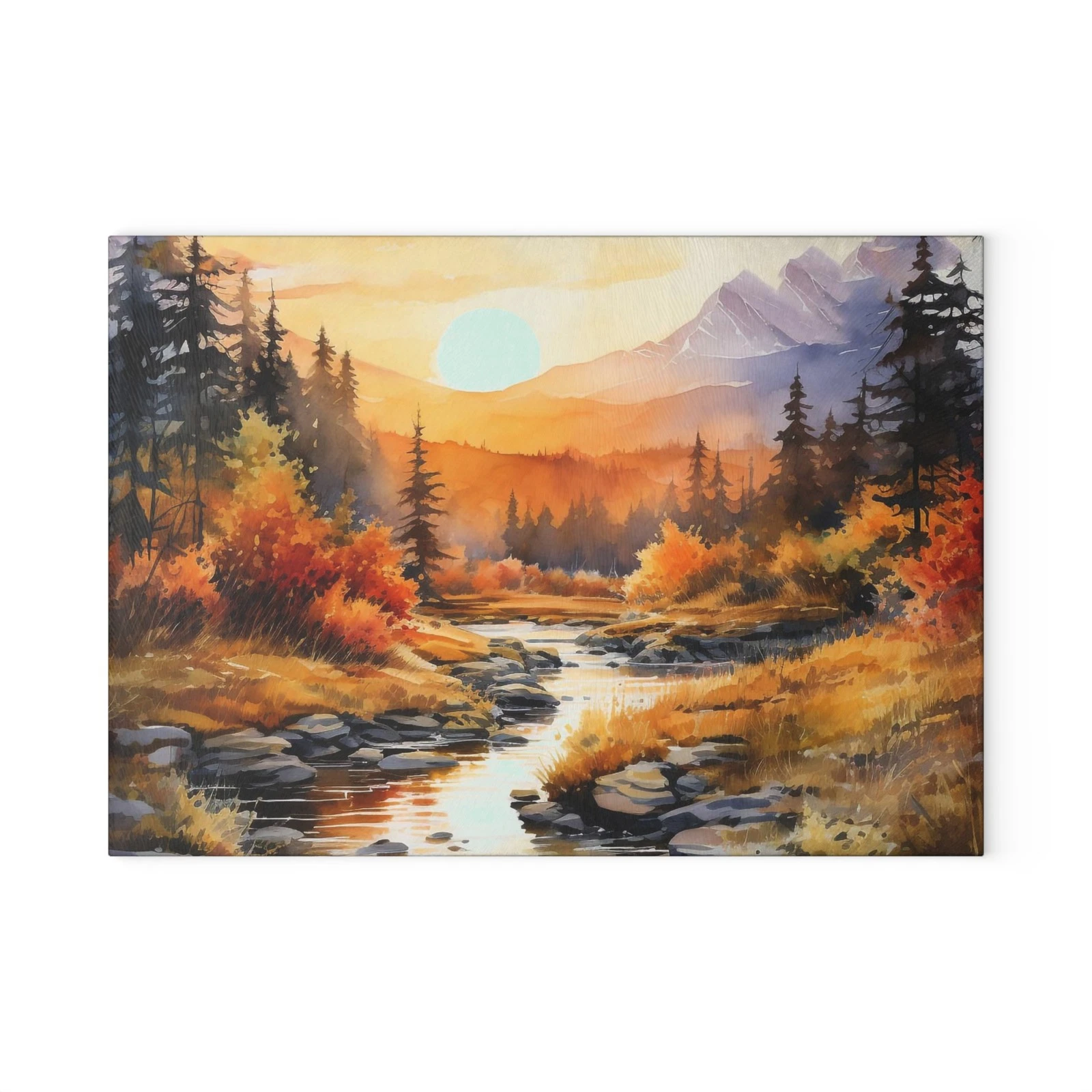 Mountains River Trees Landscape Art Glass Cutting Board, Kitchen Decor art