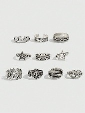 Ancient Silver 10pcs Gothic Punk Skull Star Hollow Ring Set One Size