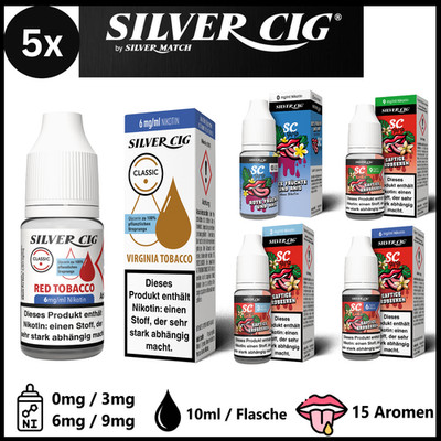 5x 10ml E Liquid Silver Cig Premium E-Liquid E-Zigarette 3mg 6mg 9mg Nikotin