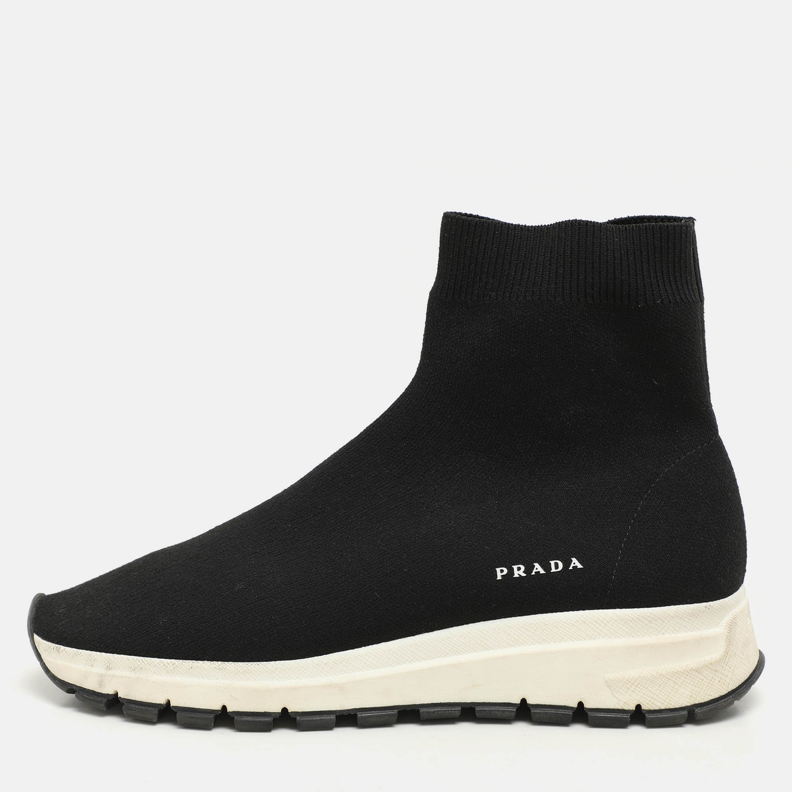 Prada Black Knit High Top Sneakers with Logo Size 38