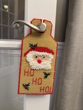 Vintage Needlepoint Christmas Santa Claus Door Hanger Handmade