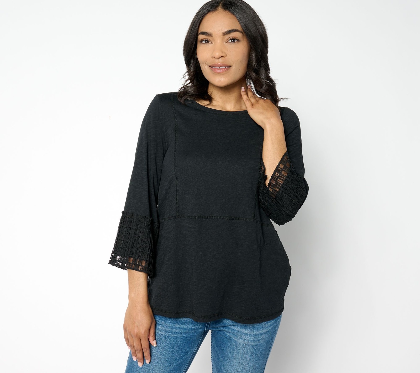 LOGO by Lori Goldstein Women's Top Sz S Sleeve Scoop Neck Lace Black A658926