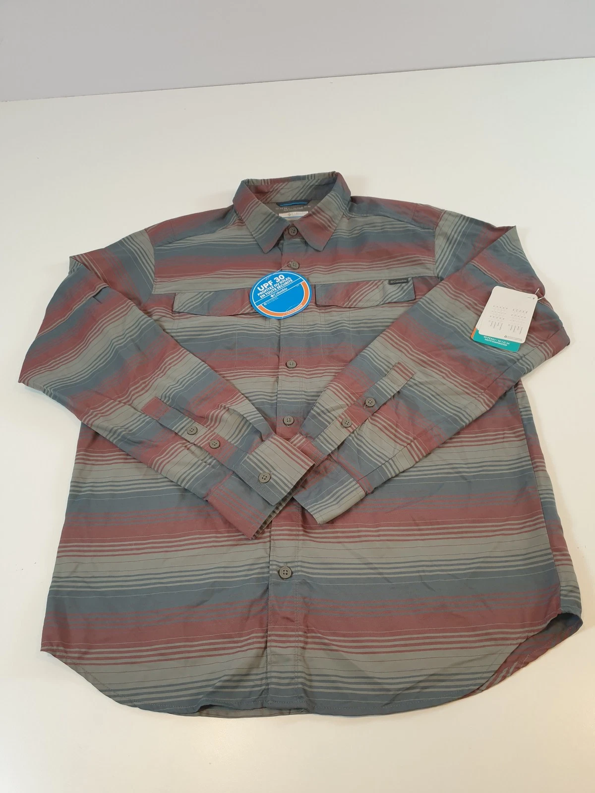Columbia Shirt Mens Medium Red Gray Stripe Omni-Shade UPF 30 Hiking Fishing