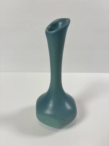 VAN BRIGGLE Art Pottery Tri Tip Bud Vase  7" Turquoise Matte  Signed By Maker