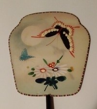 VTG Lucky Butterflies Paddle Fan Hand Painted Asian 12"Hand Fan Oriental Flowers