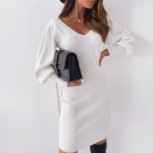Rückenfreies Pulloverkleid Damen V-Ausschnitt Spitze Puffärmel Abend Party figurbetont - Bild 3 von 9