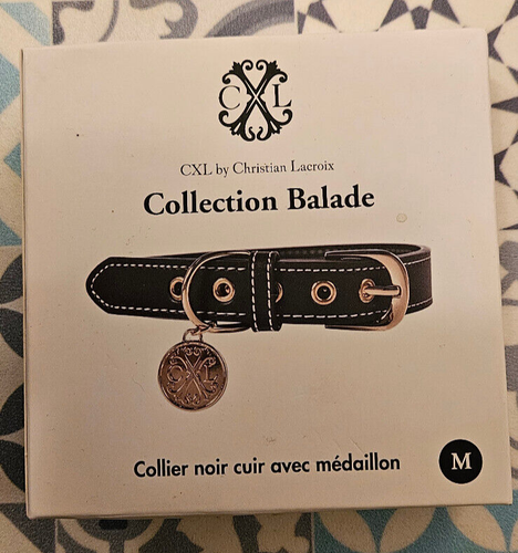 Neuf Collier cuir noir pour chien avec médaillon Christian Lacroix