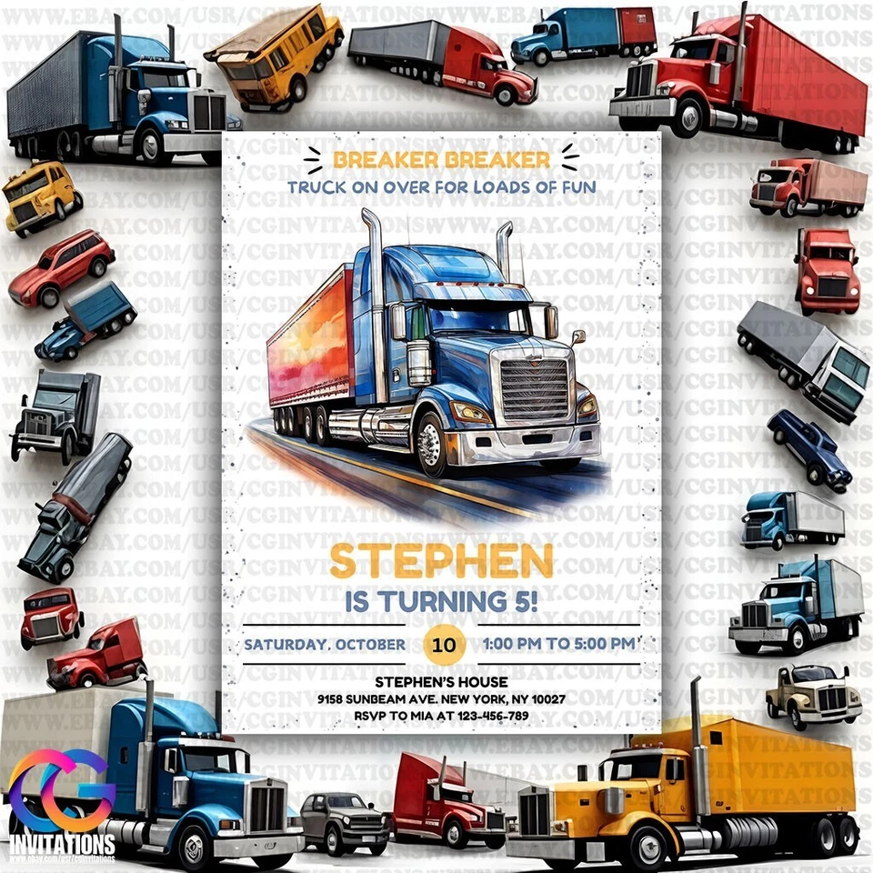 Invitación de cumpleaños de camión azul editable, invitación de cumpleaños de camión semi camión Foto 2 de 4
