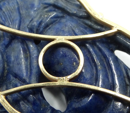 Antik Vintage alter chinesischer geschnitzter LAPIS asiatische Göttin Guanyin 14K Gold Anhänger - Bild 10 von 11