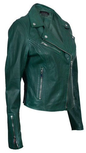 Ladies Leather Jacket Classic Biker Style Green Real Leather Womens Jacket - Picture 2 of 5