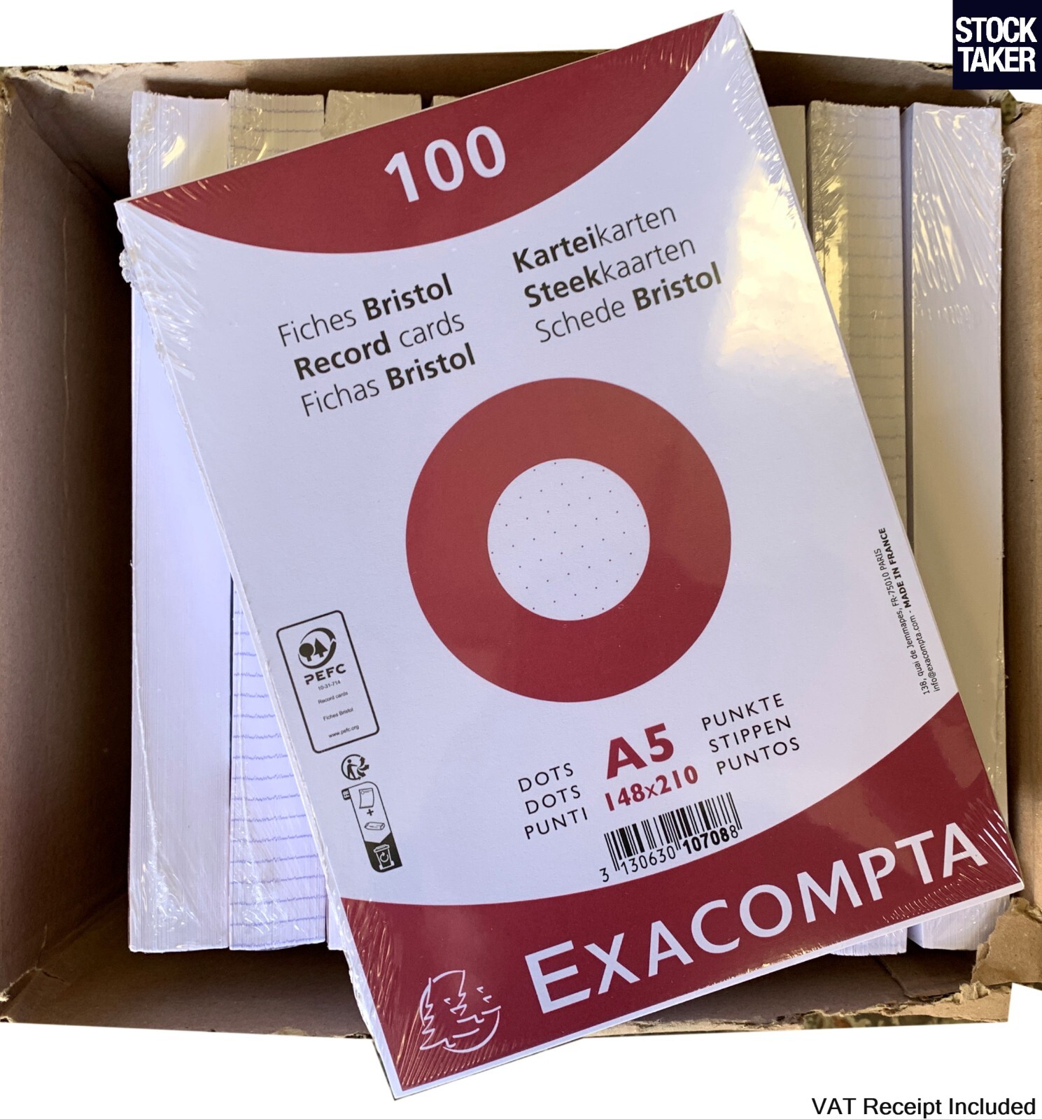1000x Exacompta A5 Dot Grid Record Cards 205gsm White Bristol 10708E Bulk Pack