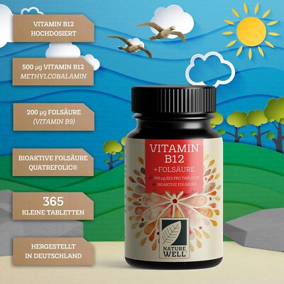 Vitamin B12 500µg + Folsäure 200µg 365 Tabletten, Vegan, Methylcobalamin