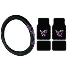 New 5pc Set Purple Butterfly Car Truck Carpet Floor Mats Steering Wheel Cover